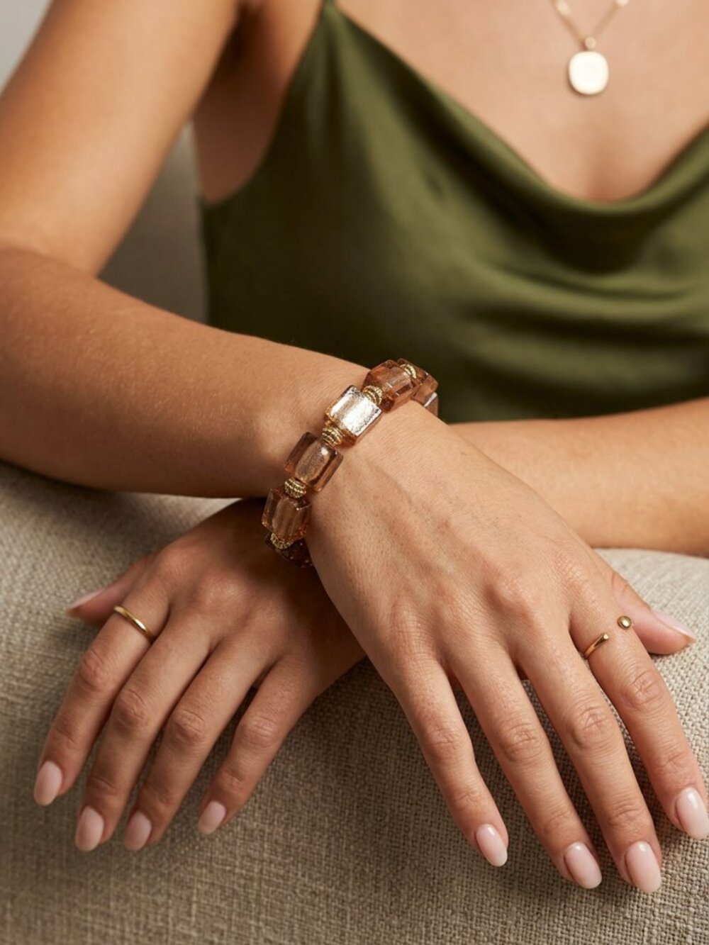 🆕 Designs by Forte: Square Amber Glass & Gold Spacer Stretch Bracelet
